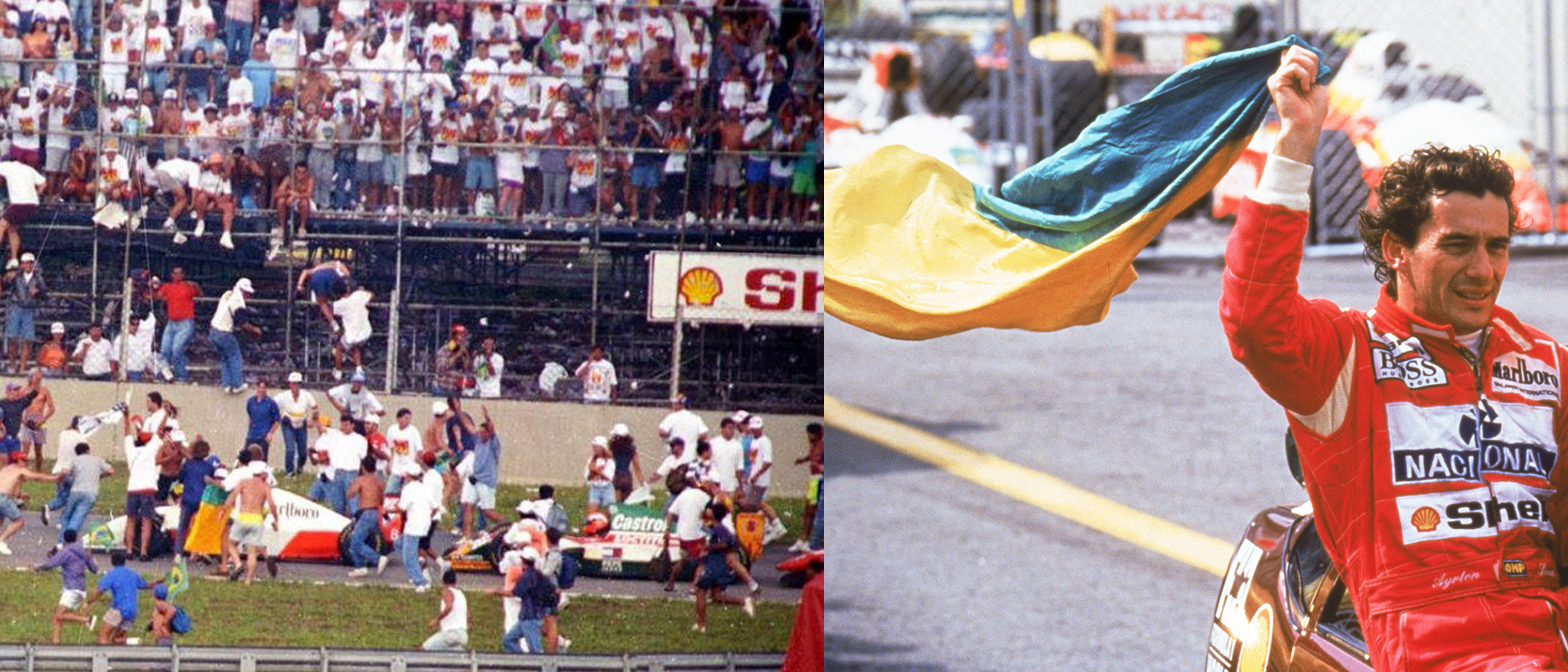 A esquerda: público invade pista de Interlagos para comemorar a vitória de Ayrton Senna, 1991. A Dir: Ayrton Senna exibe as cores do Brasil em sua vitória em Interlagos 1991.
