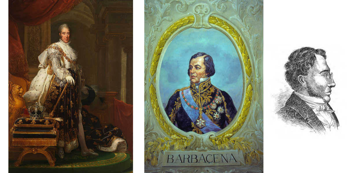 À Esquerda: Carlos X da França. Ao Centro: Retrato de Felisberto Caldeira Brandt (Marquês de Barbacena), À direita: Líbero Badaró por Tancredo do Amaral