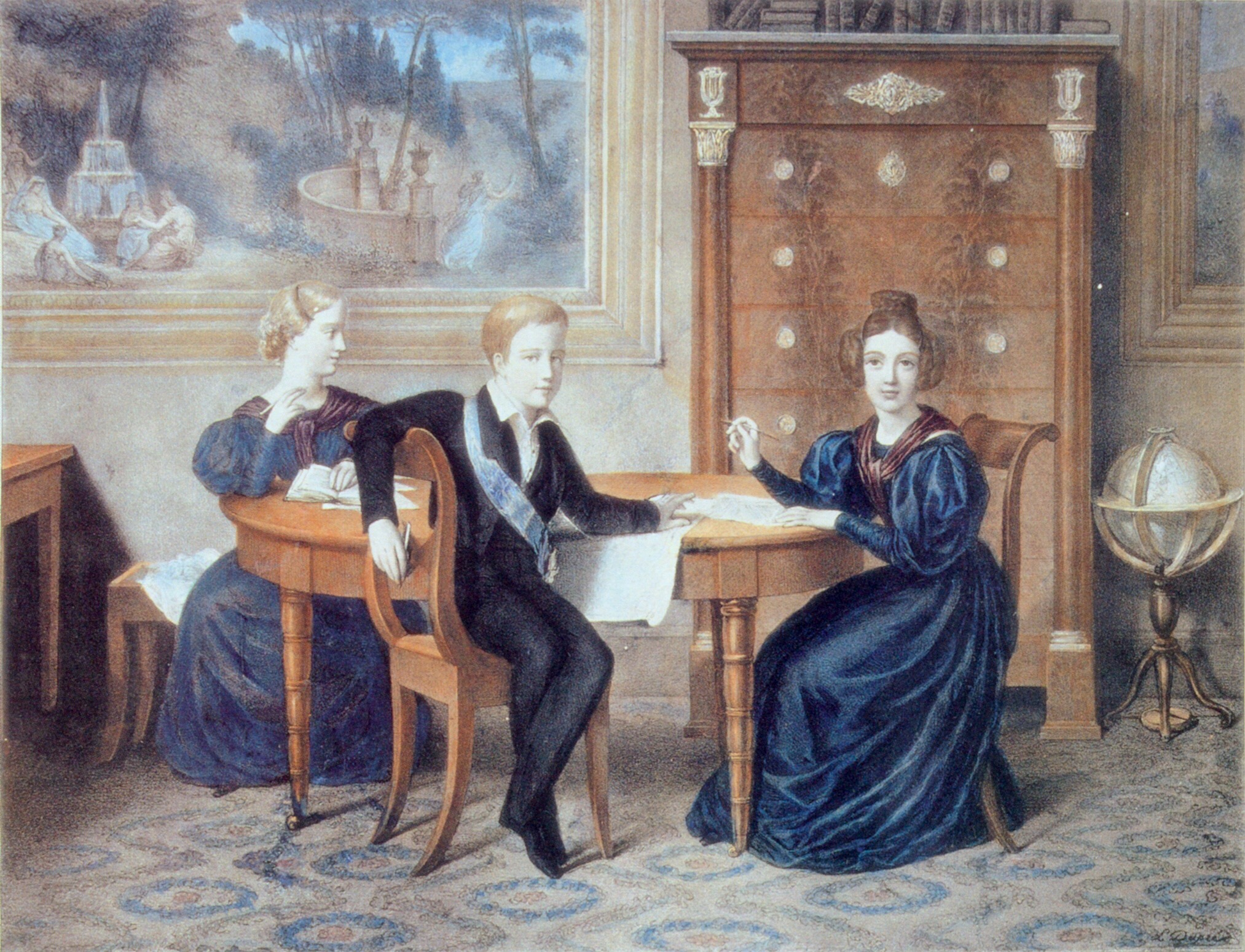Francisca, Pedro e Januária de luto pela morte do pai c. 1835 por Félix Émile Taunay, no Museu Imperial.